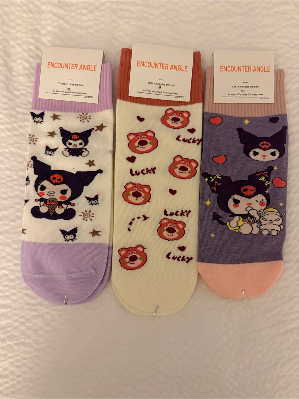 Socks kuromi and bear - Lavender, Cream & Purple (3-Pack)